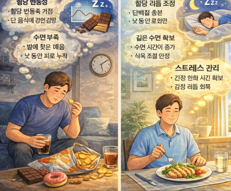 배고프지 않은데 간식을 집어드는 모습과 건강한 식사 대비 장면
