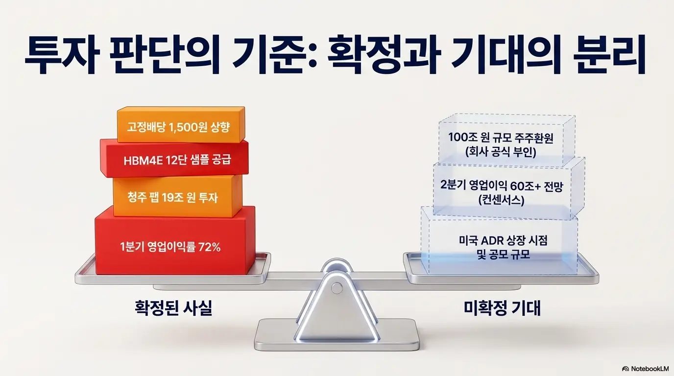 SK하이닉스 주가 전망: SK하이닉스 투자 판단 기준을 확정과 기대로 나눈 저울 이미지. 영업이익률 72%·HBM4E 샘플·청주 19조 투자·고정배당 상향의 확정 사실과, 100조 주주환원·2분기 컨센서스·ADR 시점의 미확정 기대를 시각적으로 전달하며, 블로그 결론 내용을 설명함.