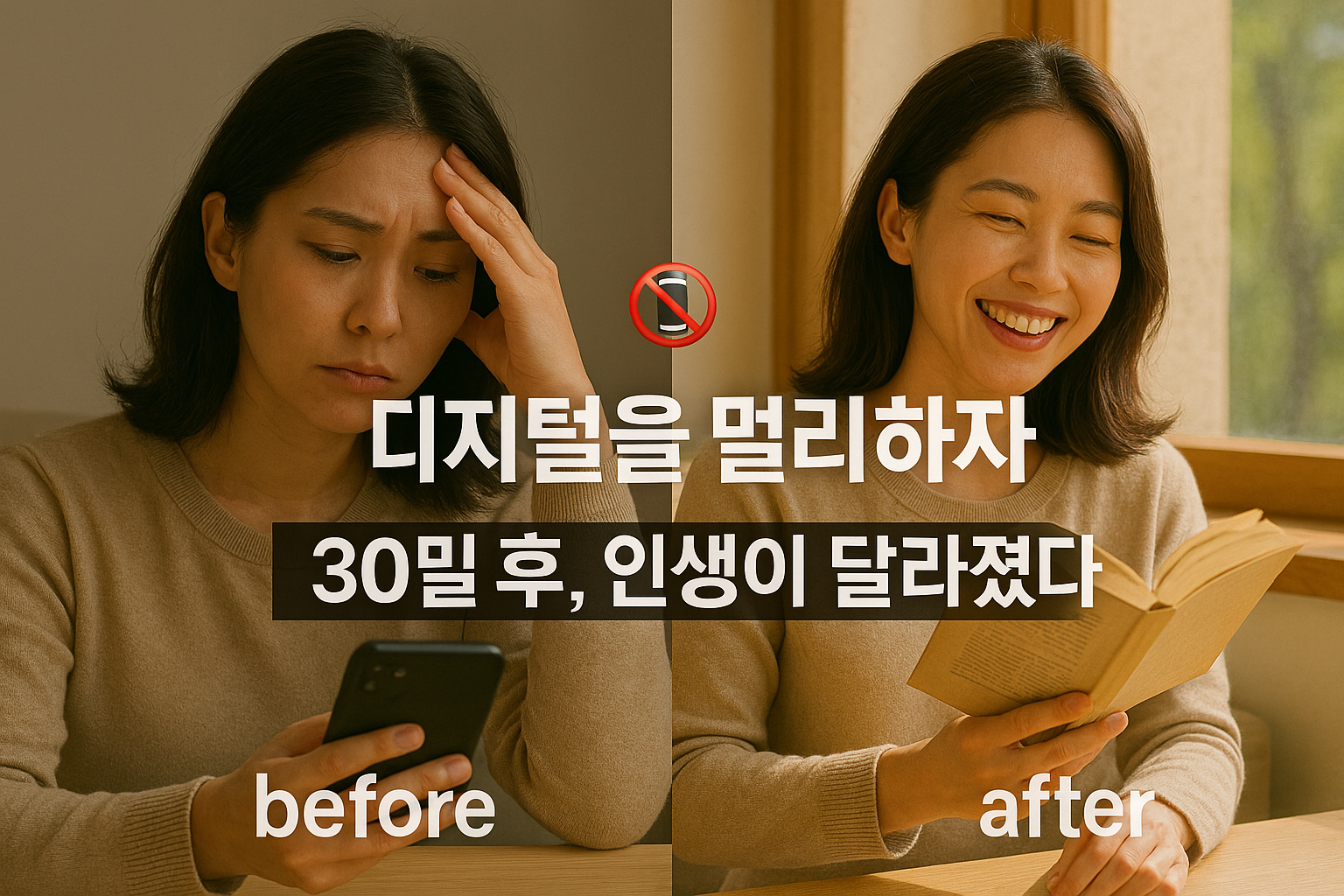 디지털 멀리하고 30일 후, 여성의 표정 변화 비교 사진