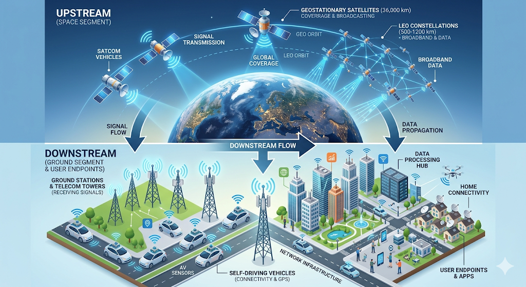 하늘 위의 인프라(업스트림)와 지상의 데이터 서비스(다운스트림)를 보여주는 우주 산업 밸류체인 인포그래픽