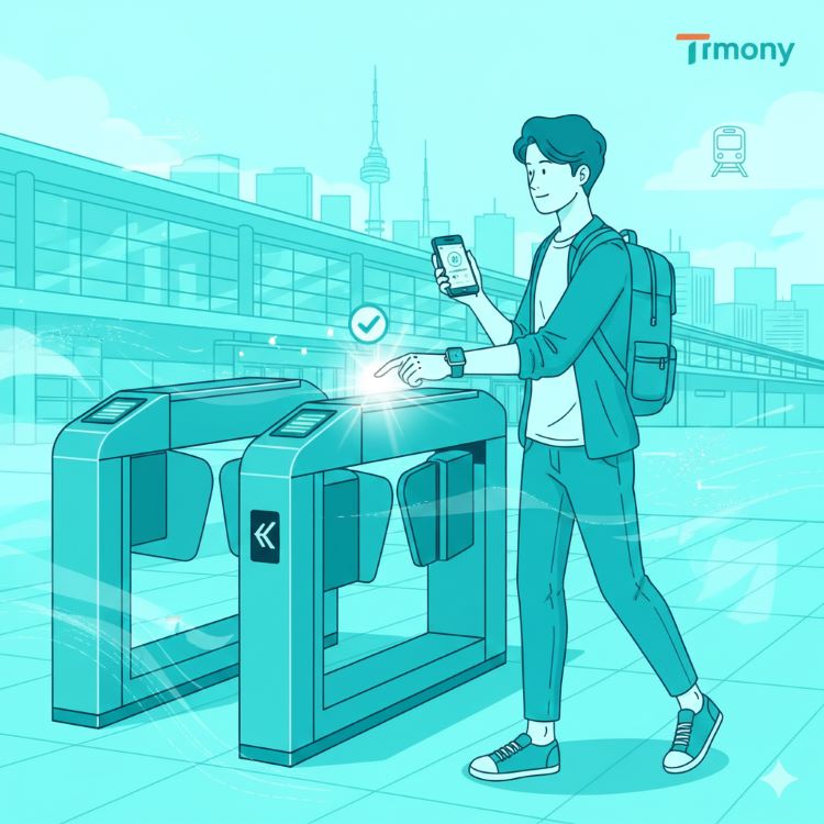 아이폰과 애플워치로 티머니 카드를 태그해 지하철 개찰구를 통과하는 장면. 서울역 배경에 밝은 청록색과 흰색 톤으로 첨단 기술과 편리함 강조