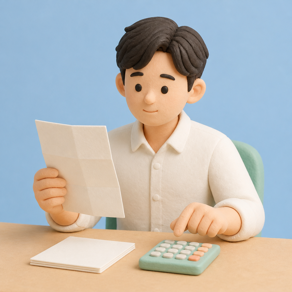 사무실 책상에서 급여명세서와 계산기를 맞춰 보는 30대 남성