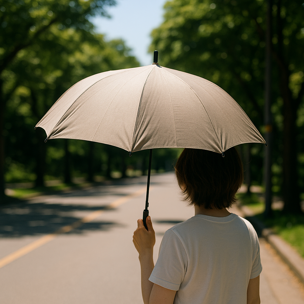 여름 햇볕을 피하려 가로수길에서 양산을 쓰고 걷는 사람의 뒷모습