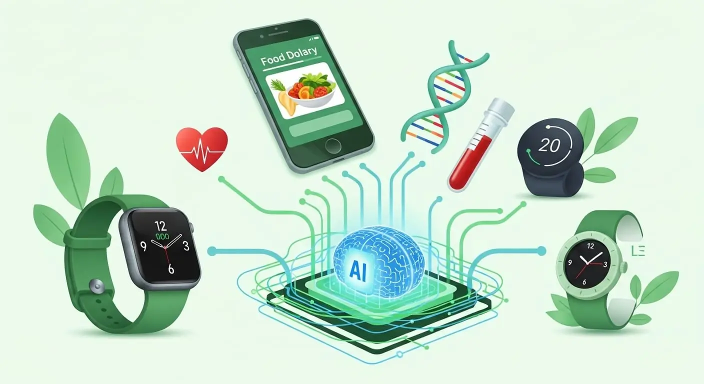 스마트워치, 식단 앱, 유전자 검사 등 다양한 개인 건강 데이터가 AI 시스템으로 통합되어 분석되는 모습.