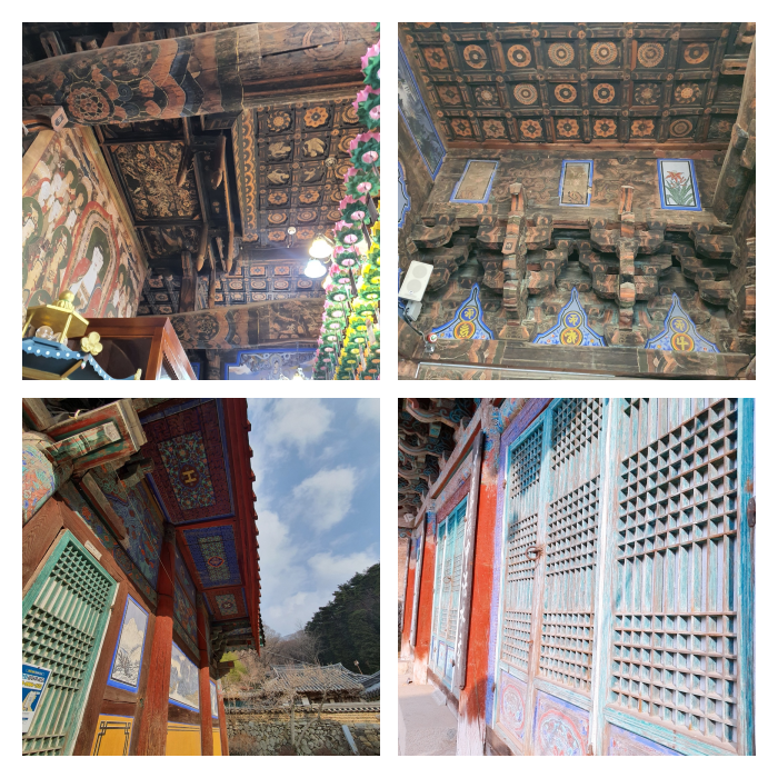 원통전 내부 천장 외부 처마와 문살