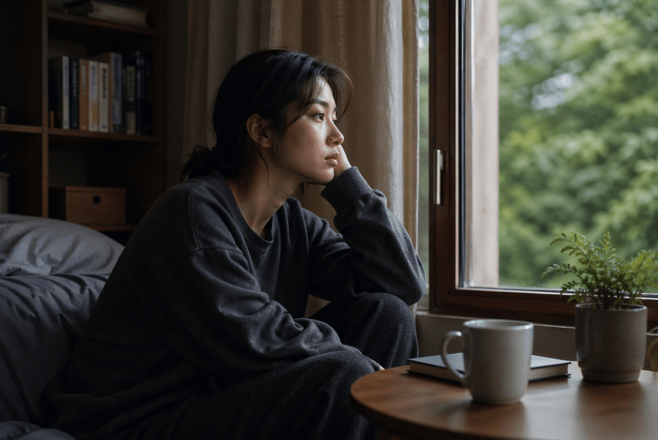 테이블 앞에 앉아서 밖을 보고 있는 여자