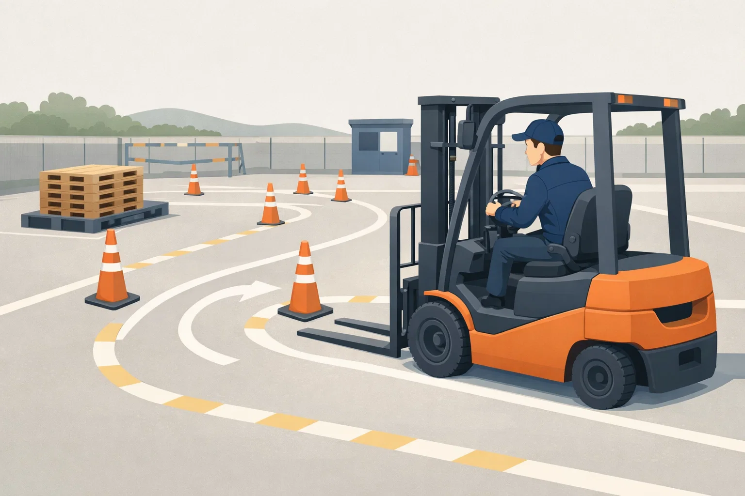 지게차운전기능사 실기 시험장에서 지게차 주행 동선과 팔레트 위치, 코스 진행 흐름을 확인하도록 보여주는 이미지