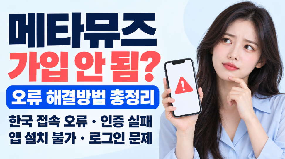 메타뮤즈 가입 안 됨 해결방법 총정리｜한국 접속 오류&middot;인증 실패&middot;앱 설치 불가&middot;로그인 문제