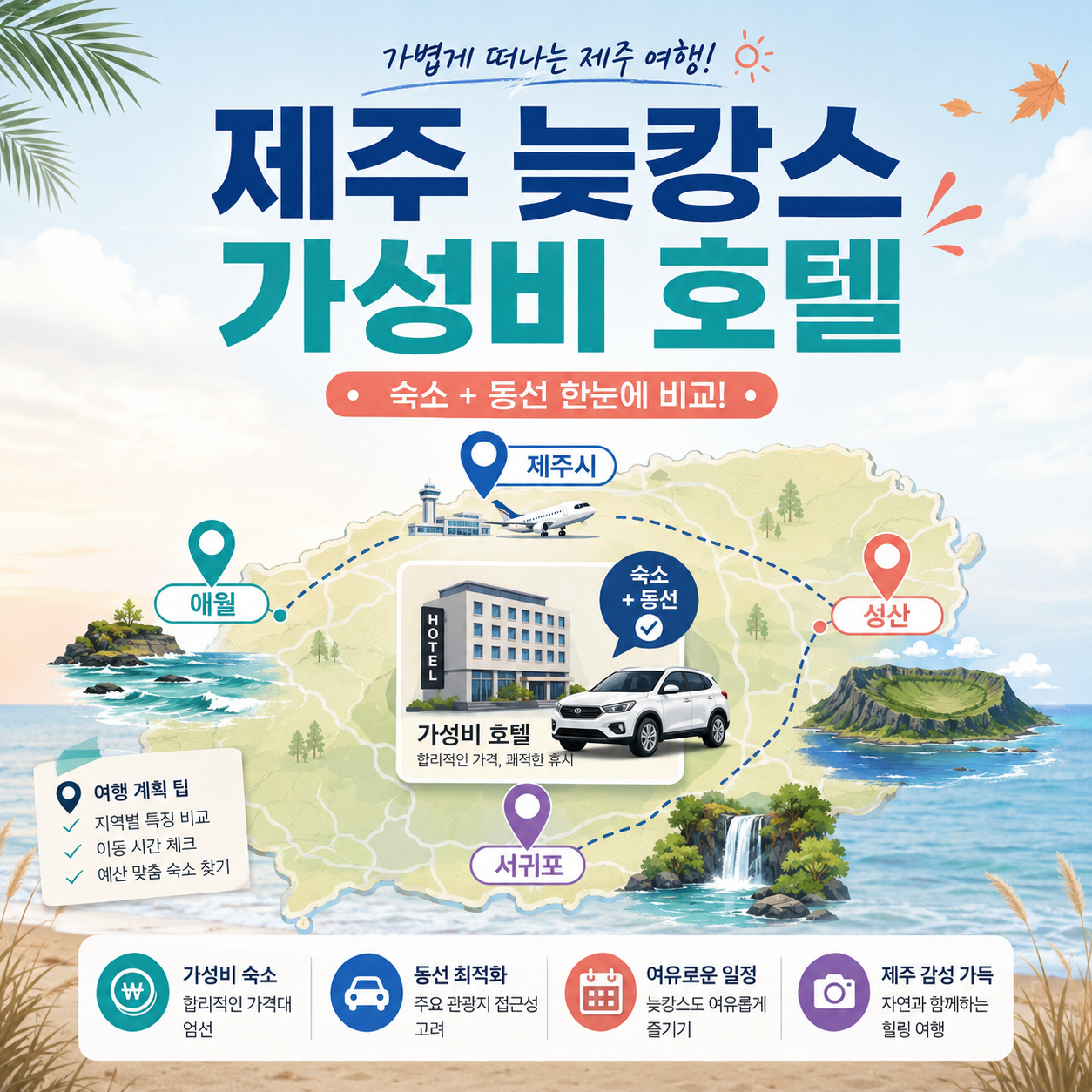 2026 제주 늦캉스 가성비 호텔과 제주시 애월 서귀포 성산 숙소 권역을 비교한 대표 이미지