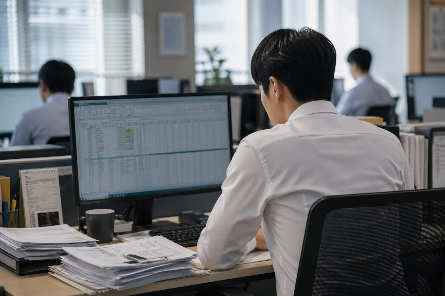 낮 사무실에서 컴퓨터를 보는 직장인 뒷모습, 미생 감성 이미지