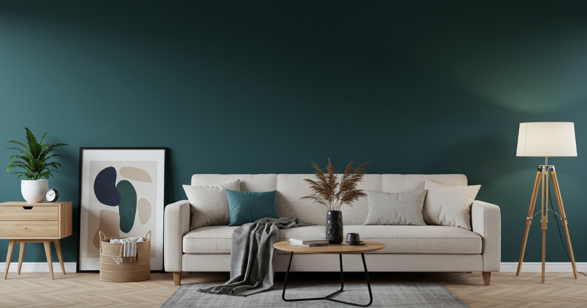 단색 벽지로 꾸며진 거실 포인트 벽 인테리어