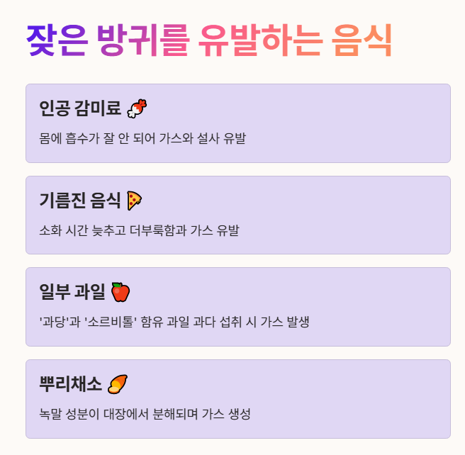 잦은 방귀를 유발하는 음식 10가지 : 감미료, 기름진 음식, 일부 과일, 뿌리채소