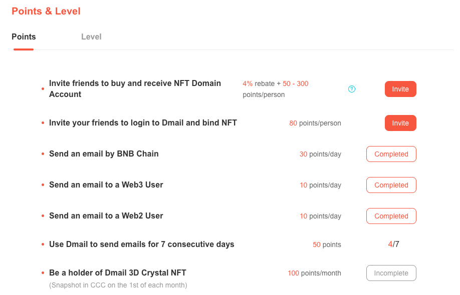 Points & Level 탭 화면