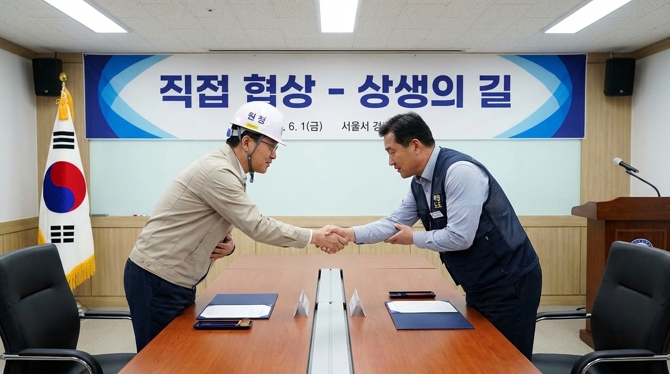 원청 기업과 하청 노조의 직접 교섭을 형상화한 이미지