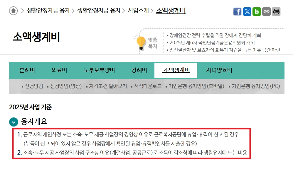 생활안정자금 융자신청 신청자격,융자한도