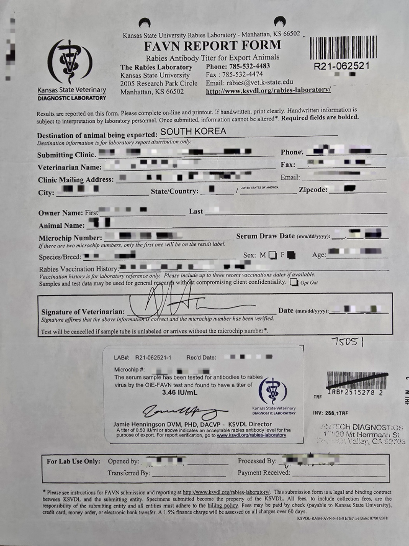 광견병 항체 검사서 (FAVN Report) 스티커가 붙은 원본 서류