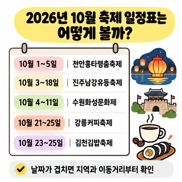 10월 초부터 하순까지 주요 축제 날짜를 달력 형태로 정리한 그림