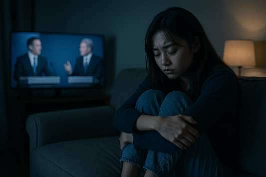 투표소 앞에 사람이 거의 없는 장면. 멀리 보이는 소수의 유권자와 텅 빈 거리. 흐린 하늘과 바람에 흩날리는 낙엽이 사회적 침묵과 무관심을 은유적으로 표현.