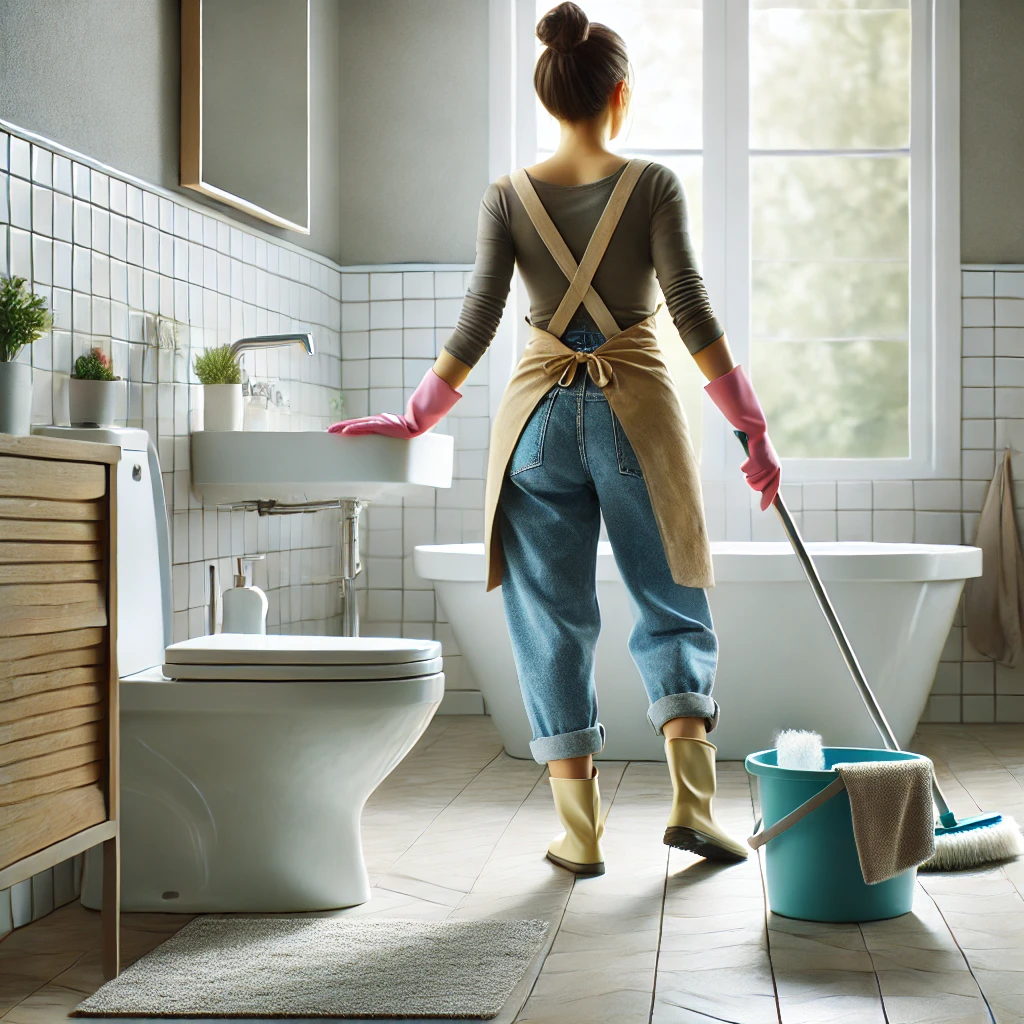 화장실 청소 준비중인 여자
