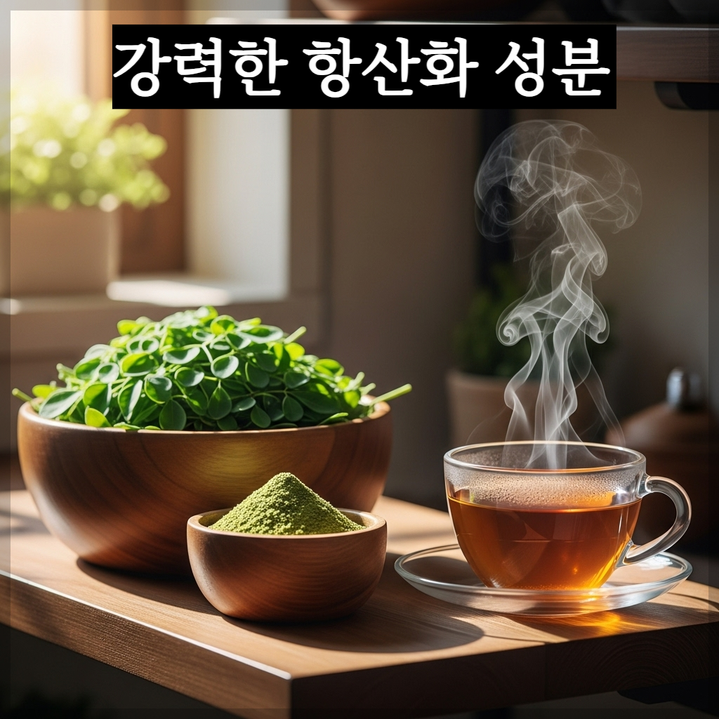 햇살이 비치는 밝은 주방 선반 위에 신선한 모링가 잎과 녹색 모링가 가루가 담긴 나무 그릇, 그리고 따뜻한 김이 모락모락 피어오르는 투명한 찻잔이 놓여 있는 평온한 치유의 풍경 이미지