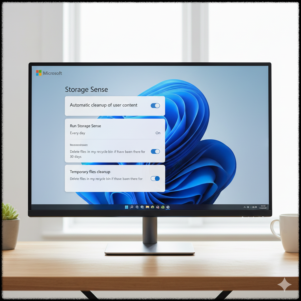 윈도우 11에서 스토리지 센스 자동 정리 옵션을 설정하는 화면