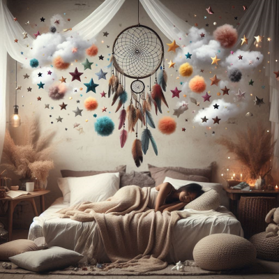 구름과 별 장식이 있는 방에서 꿈을 꾸고 있는 인물.