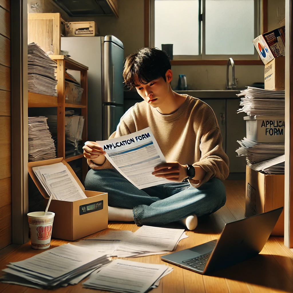 자취방 바닥에서 실업급여 서류를 정리 중인 한국 남성