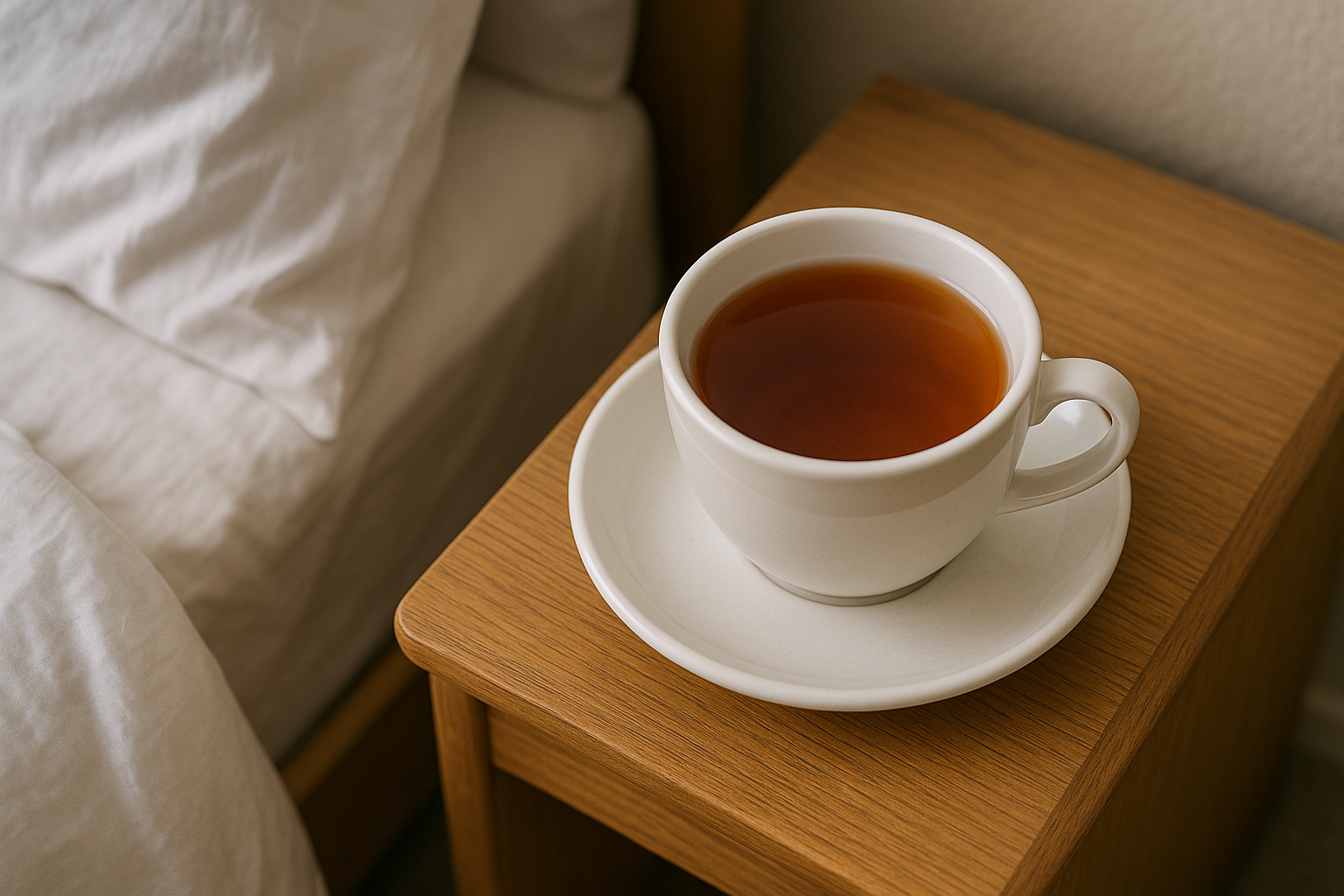 침대 옆 협탁 위 따뜻한 허브티 한 잔이 놓인 야간 루틴 실사