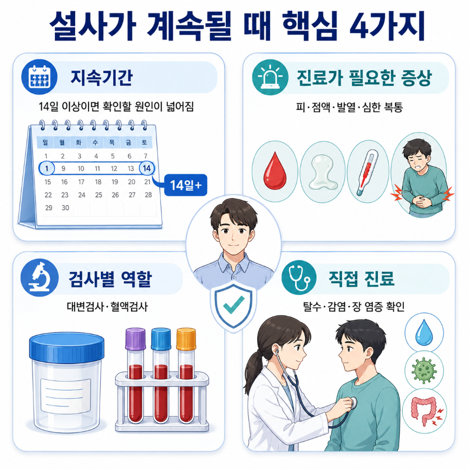 설사가 계속될 때 지속기간&middot;진료 증상&middot;검사 역할&middot;직접 진료 핵심 4가지 정리