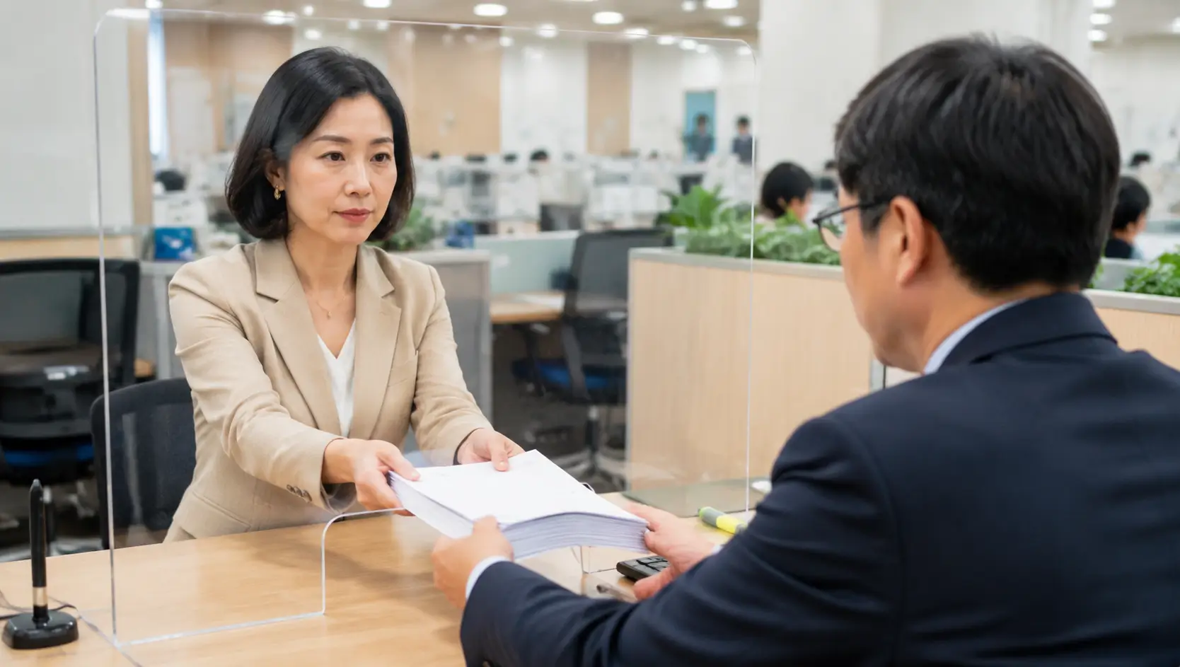 소상공인 시장 진흥 공단 지역 센터 창구에서 40대 여성 사장님이 직원에게 부가세 납부 증명서를 제출하며 진지하게 상담받는 모습