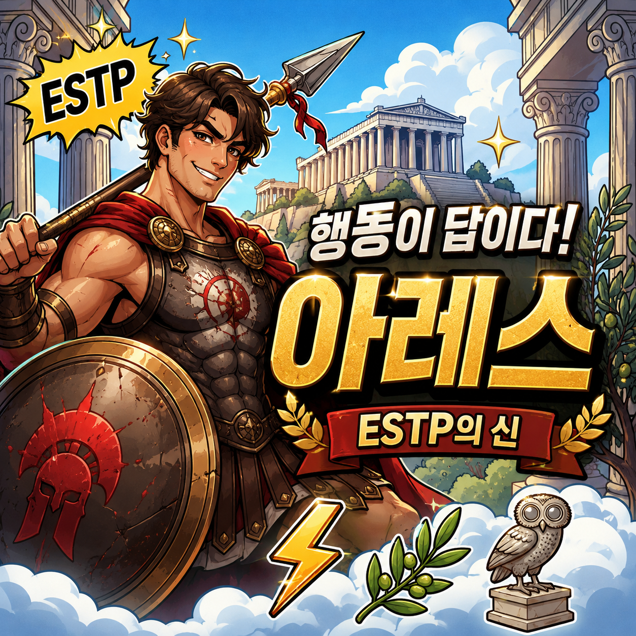 ESTP 성격 유형을 그리스 전쟁의 신 아레스로 표현한 썸네일 이미지. 창과 방패를 든 아레스가 행동력과 추진력을 상징하며 ‘행동이 답이다’ 메시지를 강조한 MBTI 콘셉트 디자인.