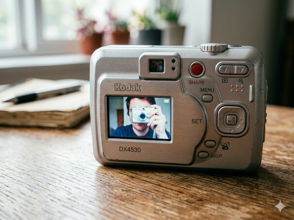 나무 책상 위에 놓인 코닥 이지쉐어 DX4530 모델의 뒷면. 빨간색 쉐어 버튼과 조작 버튼들, 밝게 켜진 LCD 화면 속에 담긴 선명한 인물 사진 묘사.