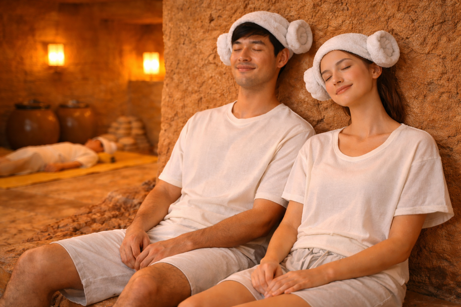 황토방 찜질방에서 양머리 수건을 쓴 남녀가 편안한 표정으로 앉아 휴식을 취하는 모습, 따뜻하고 건전한 사우나 분위기의 건강 이미지
