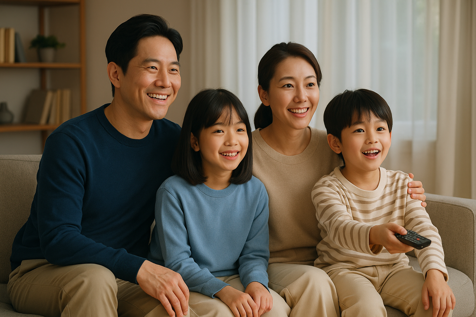 따뜻한 거실에서 한자리에 모여 TV를 시청 중인 한국인 4인 가족 – 아빠, 엄마, 딸, 아들이 소파에 함께 앉아 웃고 있는 모습