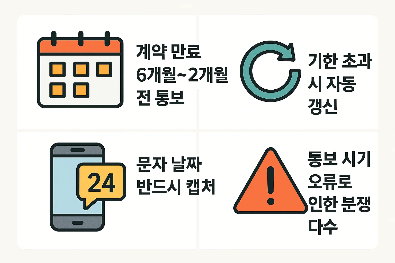 계약 만료 6개월~2개월 전 통보, 자동 갱신 주의, 문자 날짜 캡처 등 전세 계약 통보 시 반드시 알아야 할 핵심 주의사항을 정리한 인포그래픽