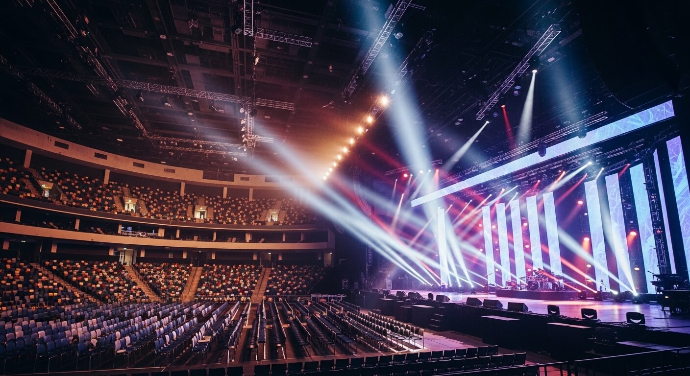 대형 공연장 내부 무대 조명과 빈 객석이 보이는 실내 전경