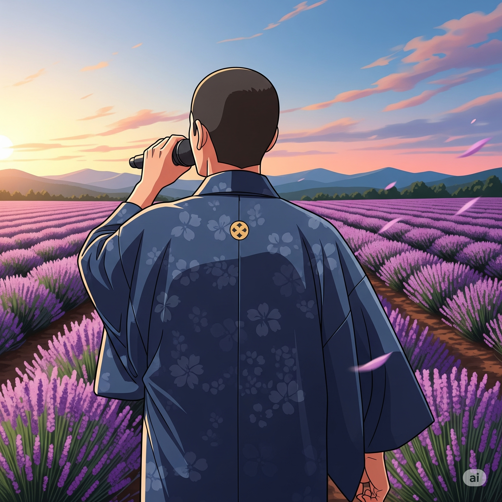 후라노 라벤다 밭 앞에서 노래하는 남자