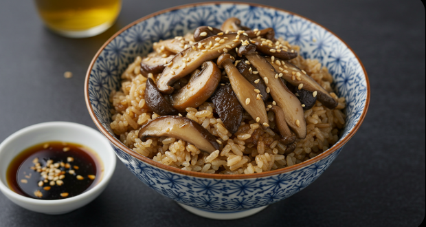 버섯밥이 먹음직스럽게 그릇에 담겨 있는 모습