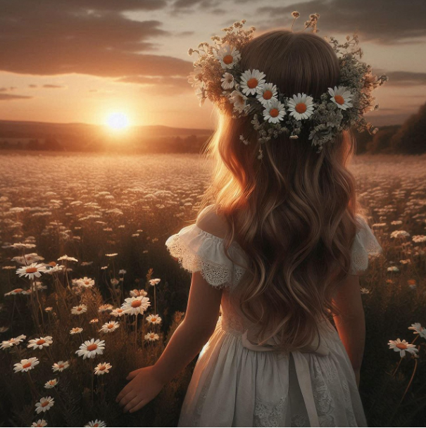 풍성하고 아름다운 머리카락에 꽃화관을 쓴 소녀가 석양 속 꽃밭에 서 있는 모습, 예쁜 딸이나 총명한 아이를 암시하는 머리카락 태몽 관련 이미지