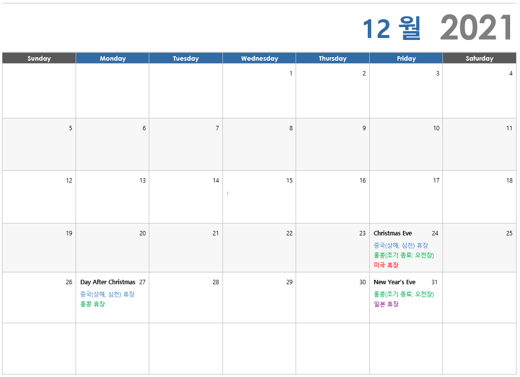 2021년 12월 해외증시 휴장 일정