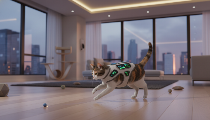 활동량과 실시간 건강 지표를 보여주는 스마트 펫 하네스를 착용한 모습