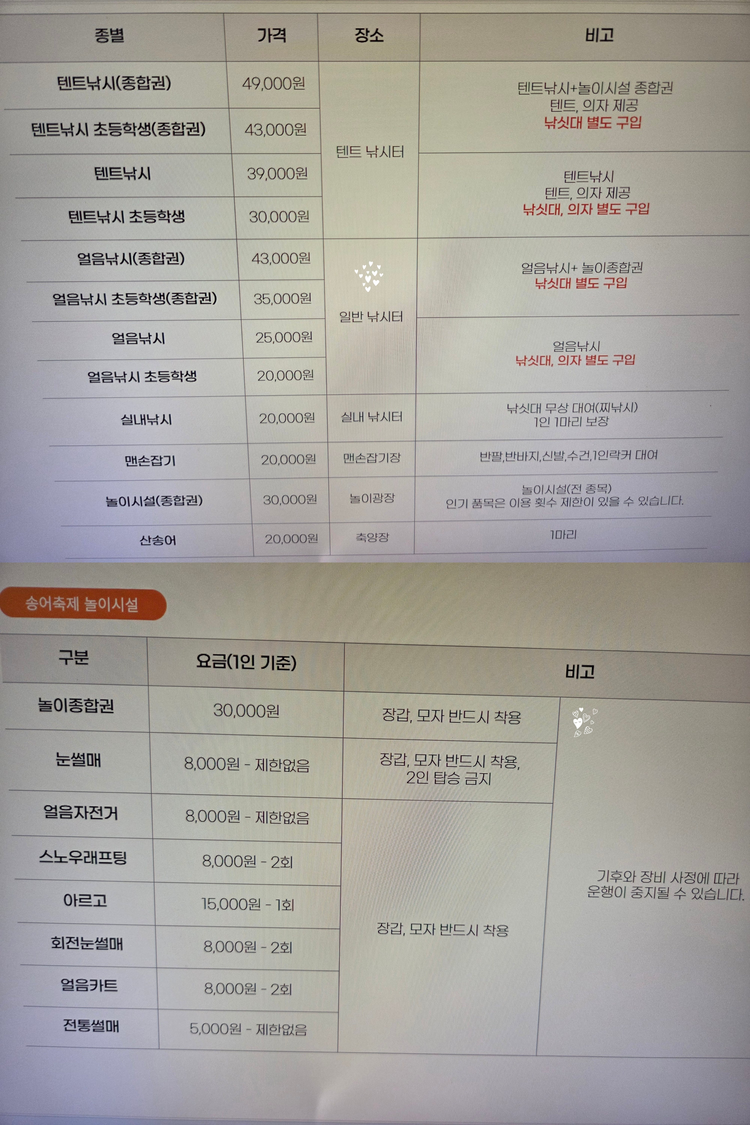 2026 평창송어축제 텐트낚시 및 얼음낚시 이용권 가격 안내 표