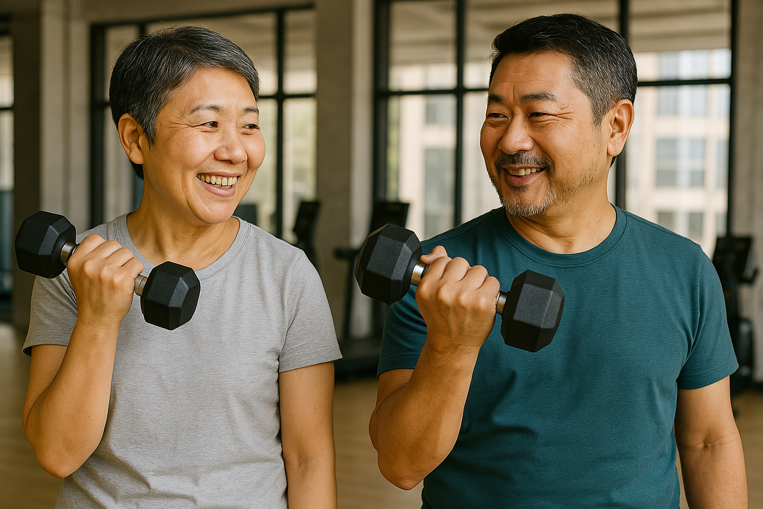 아령들고 근력운동하는 중년층 이미지