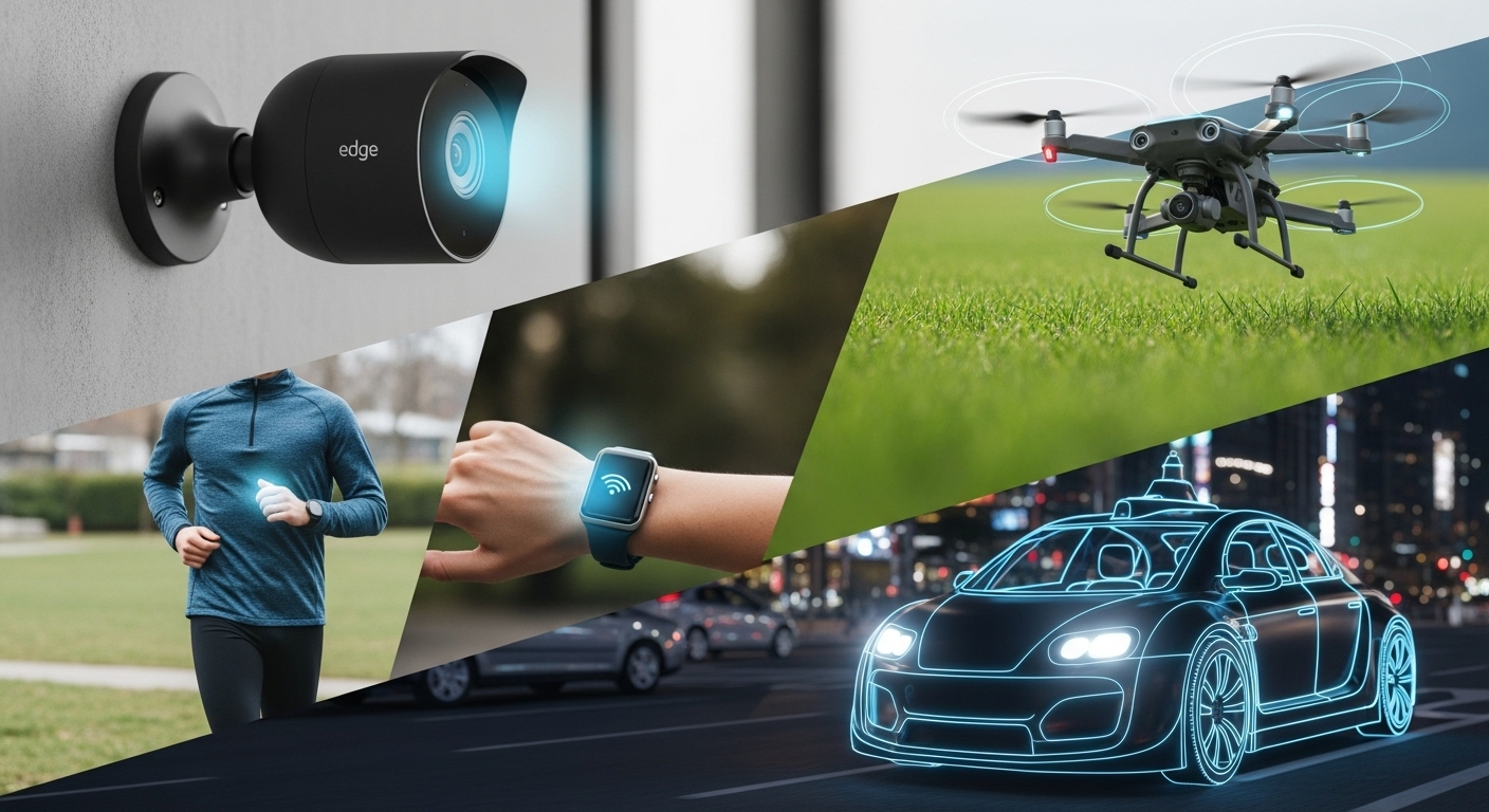 엣지 컴퓨팅이 적용된 다양한 IoT 기기들. 스마트 홈 카메라, 스마트워치, 자율주행차, 드론이 함께 있는 이미지.