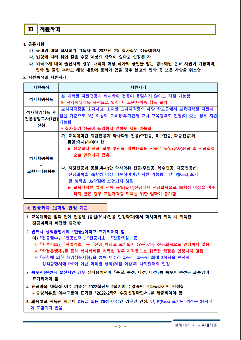 2023년 전기 한양대학교 교육대학원 지원자격