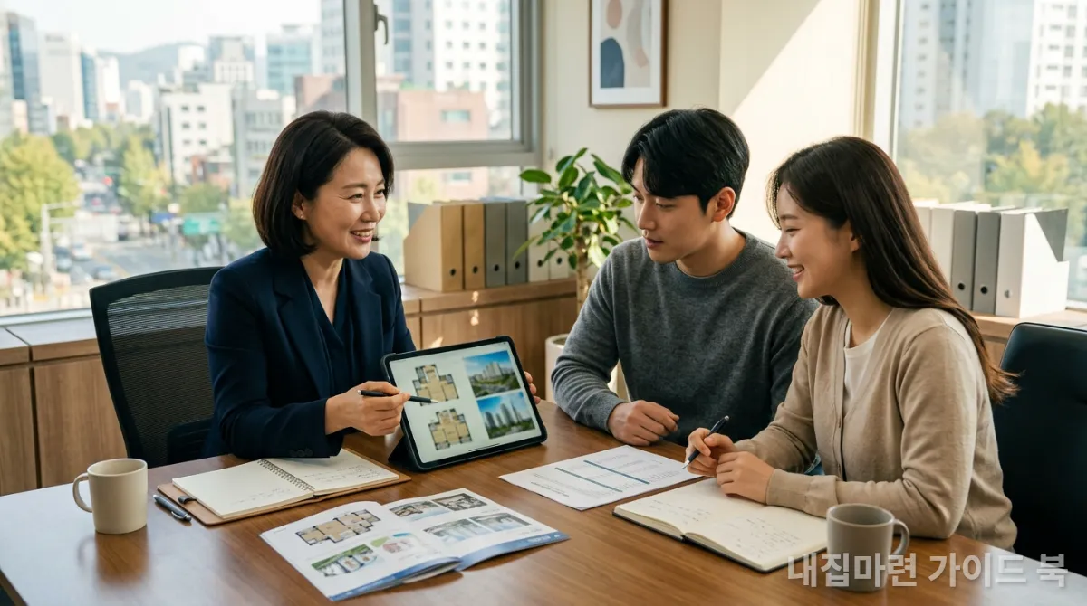 준신축 아파트 구매를 위한 전문가 상담 장면