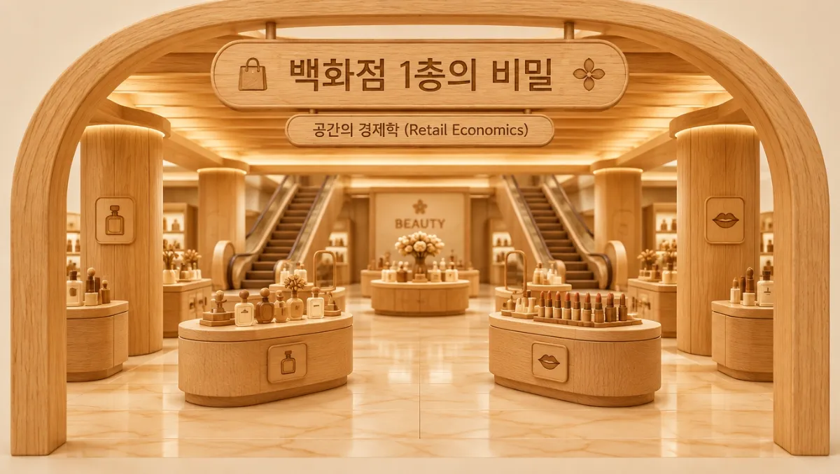 라이트 오크 원목으로 만든 미니어처 백화점 1층 디오라마. 아치형 목재 게이트 위 간판에 '백화점 1층의 비밀', 아래 명판에 '공간의 경제학'이 새겨져 있고, 향수병과 립스틱이 놓인 타원형 원목 카운터, 뒤편 BEAUTY 벽면과 양쪽으로 뻗은 두 대의 에스컬레이터와 원목 기둥이 대칭으로 배치되어 있다.