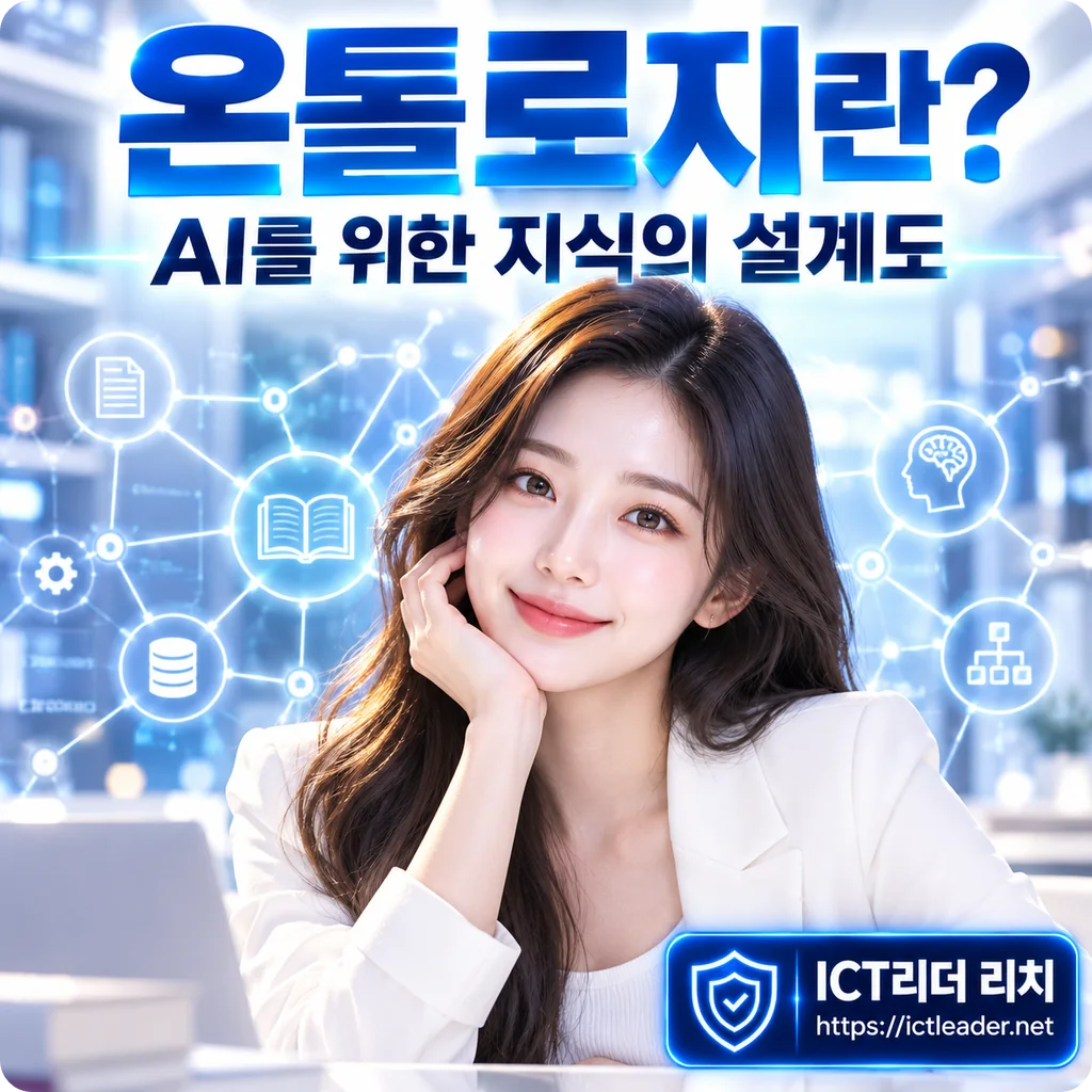 여성 전문가와 빛나는 지식그래프를 배경으로 온톨로지를 AI를 위한 지식의 설계도로 소개하는 대표 이미지