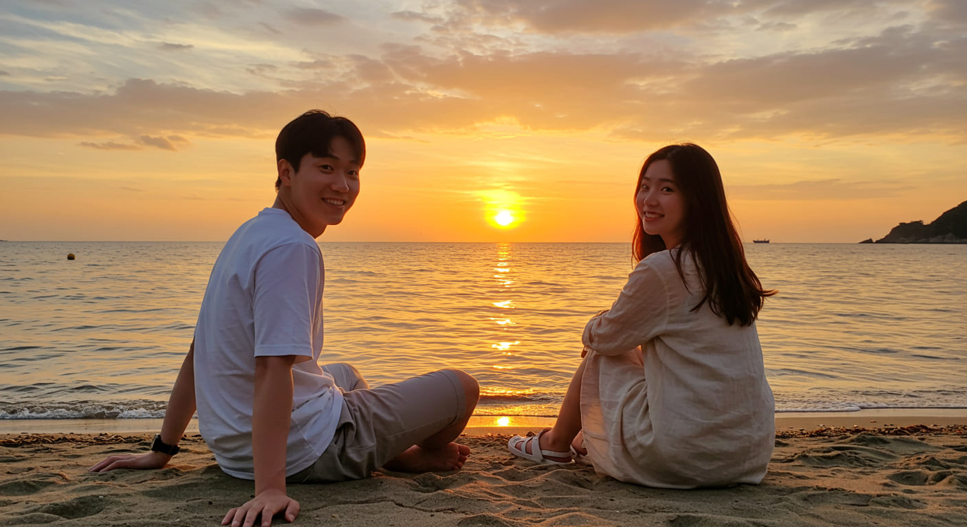 니라이 비치에서 일몰을 감상하는 한국인 커플