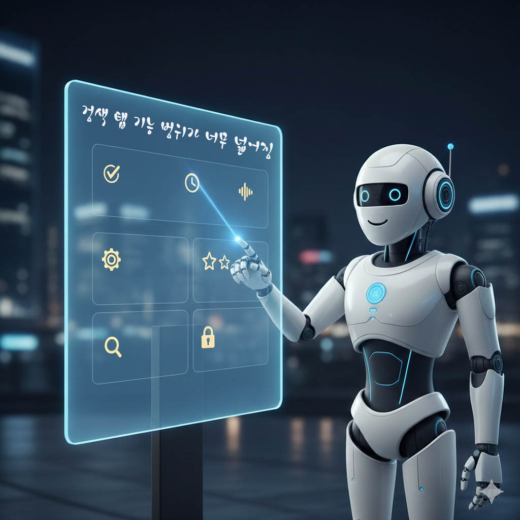 로봇이 '검색 탭 기능 범위가 너무 넓어짐'이라는 문구와 여러 아이콘이 있는 투명 디스플레이를 가리키는 이미지.